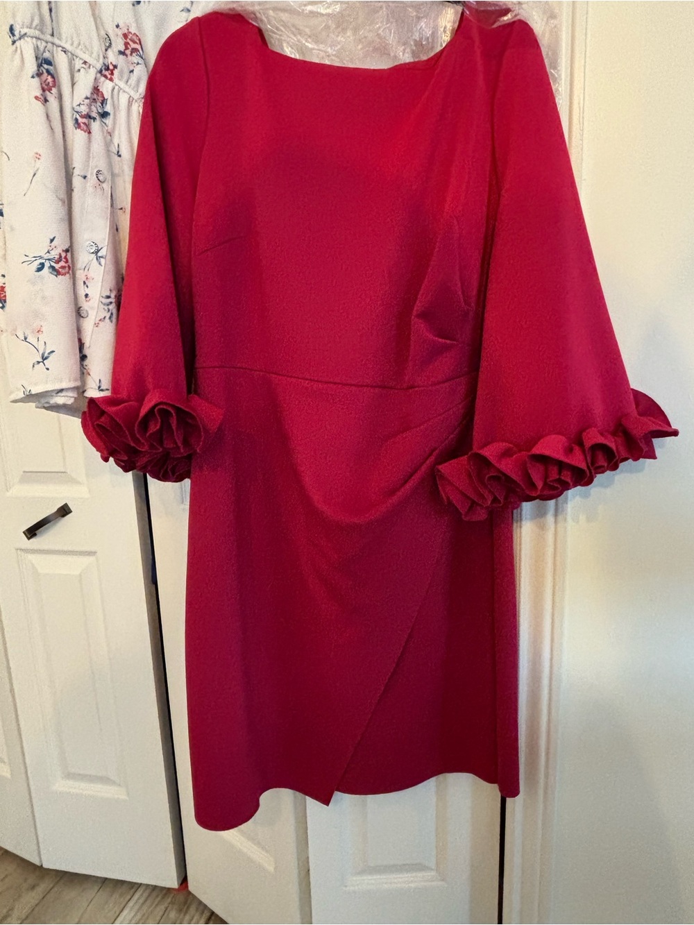 Alex Evenings Raspberry Red Long-Sleeve Ruffle-Cuff Dress
